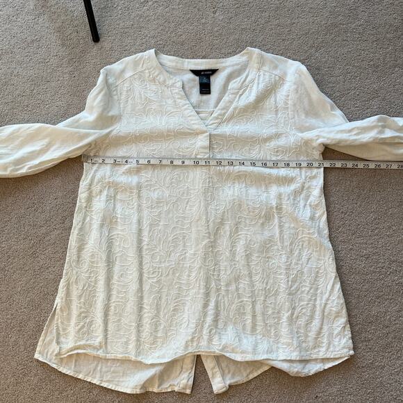 Ali Miles Linen Embroidered Button Back Roll Tab Sleeve Tunic Top Size Medium - Picture 6 of 7